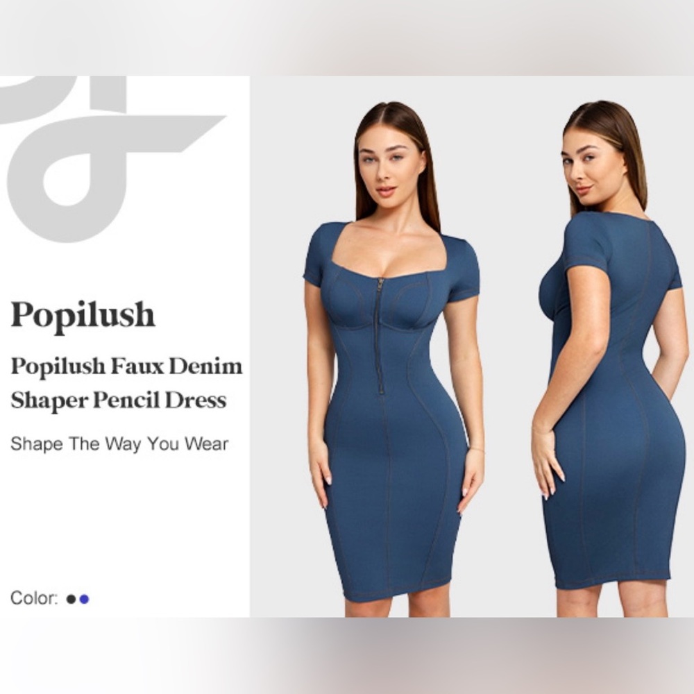 Popilush Shapewear Faux Denim Midi Pencil Dress - Tummy Contro